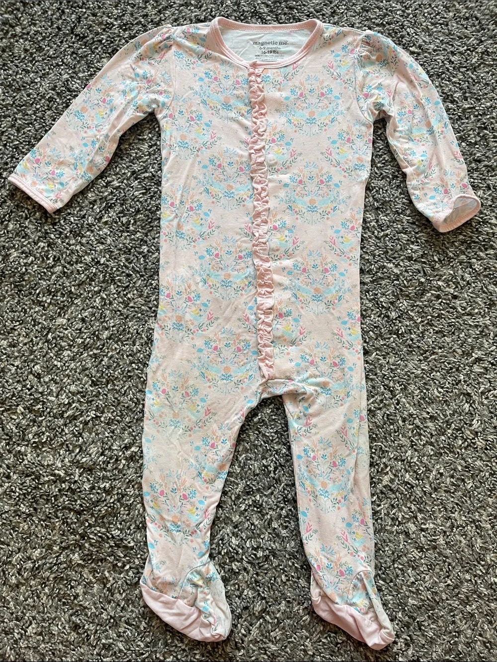 Magnetic Me Pink Floral Ruffle-Front Footed Pajama - Size 6-9 months